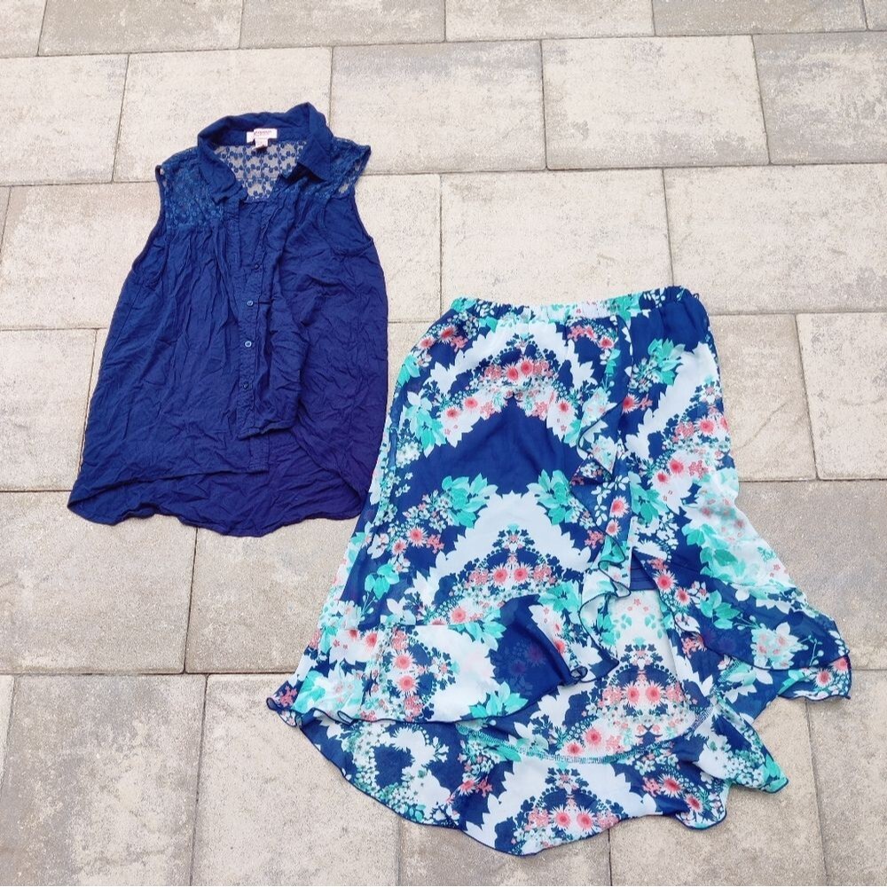 Floral Blue Women's Skirt High Low With Matching Top